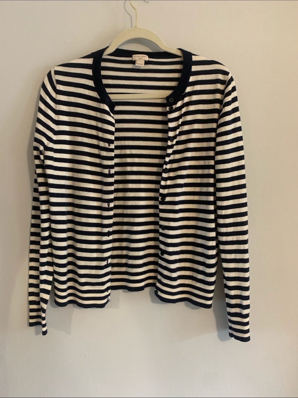 J. CREW Navy and White Striped Cotton Button-Front Cardigan